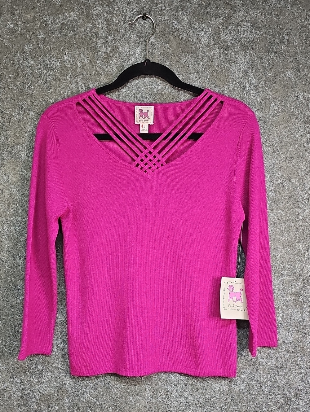 Pink Poodle Vtg Sweater, Strappy Neck, ¾ Sleeve, Hot Pink, Size Small, NEW
